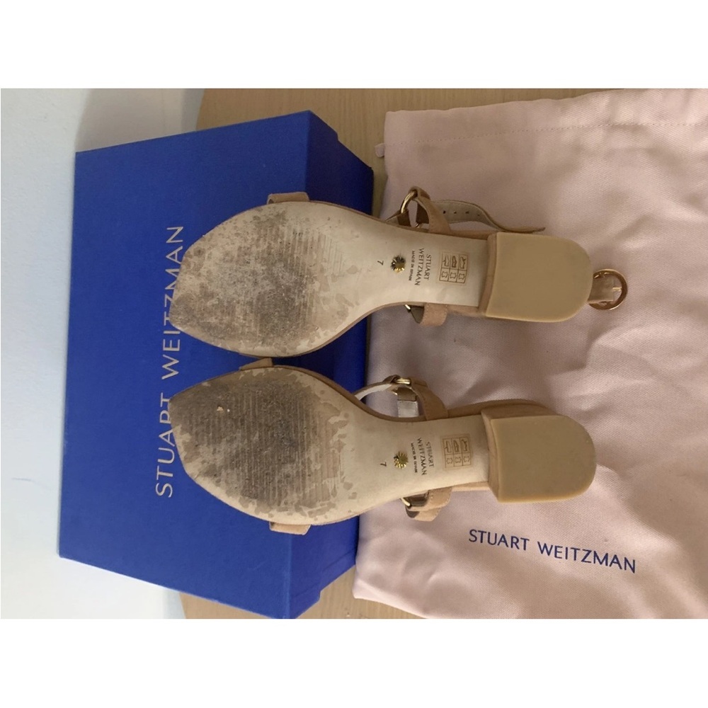 Stuart Weitzman Tan Suede T-Strap Sandals Lalita 75 Block Heel Sandals - Picture 2 of 4